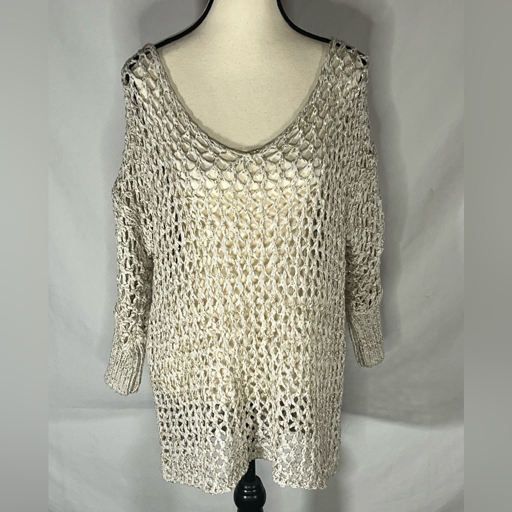 Moda International Silver Metallic Open Knit V-Neck Tunic Sweater Mesh Top M